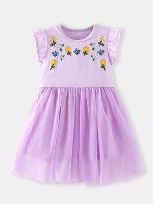 Toddler lavender tulle dress with embroidered floral bodice and flutter sleeves.