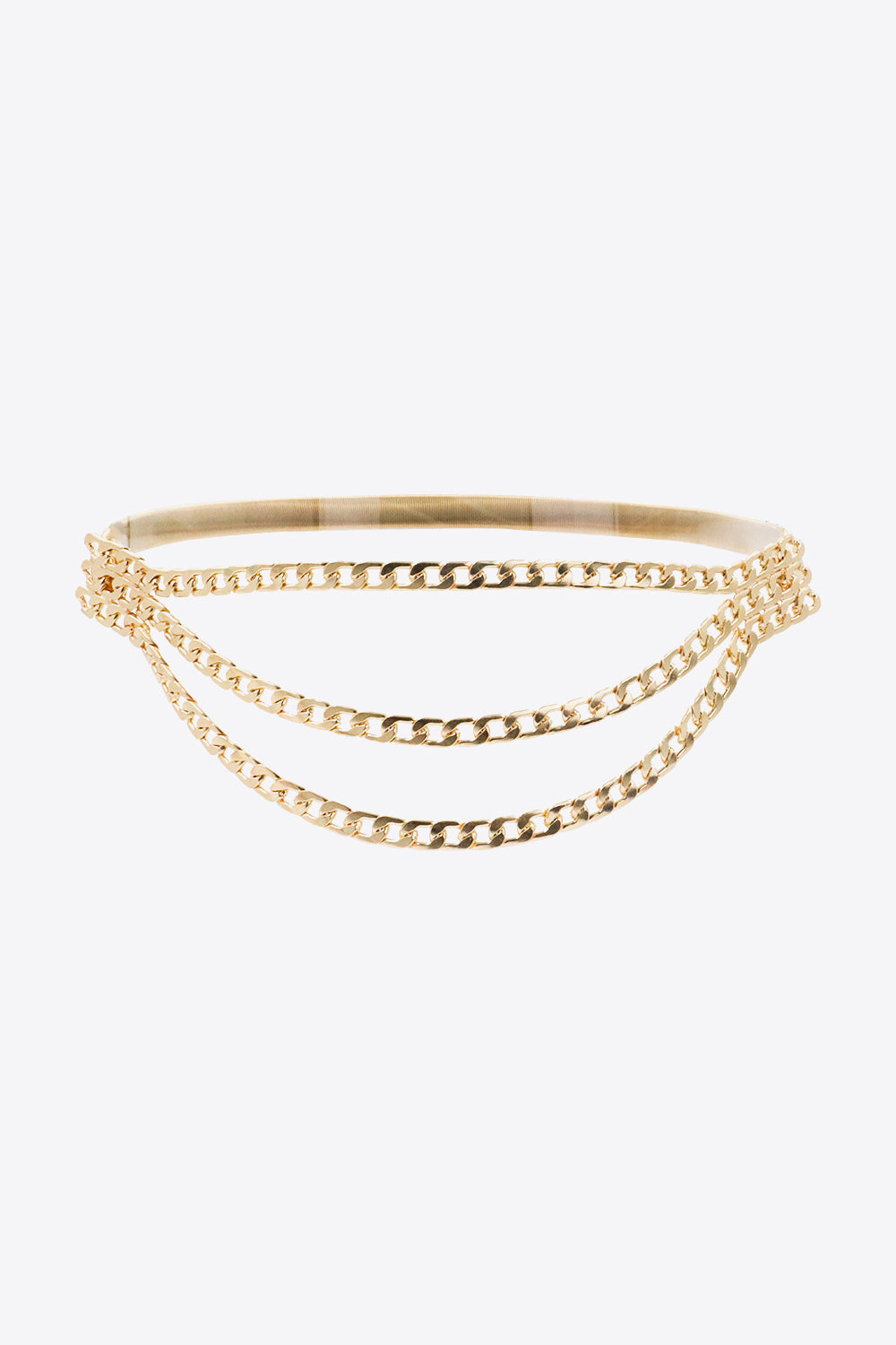 Gold chain belt with three cascading strands and a thin elastic band.