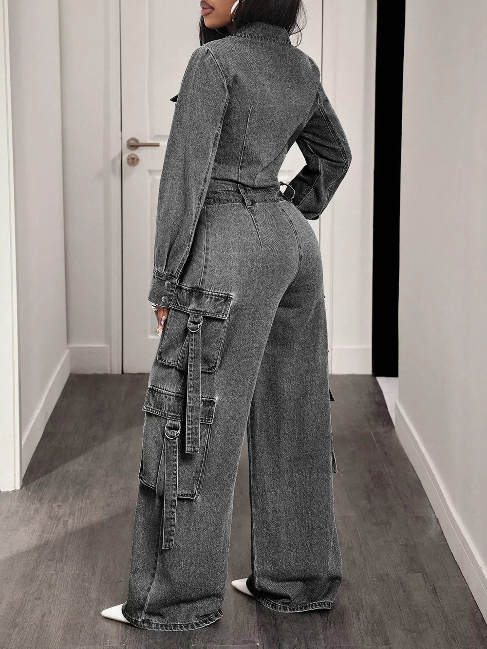 Zip Front Wide Leg Cargo Denim Jumpsuit, fabric detail