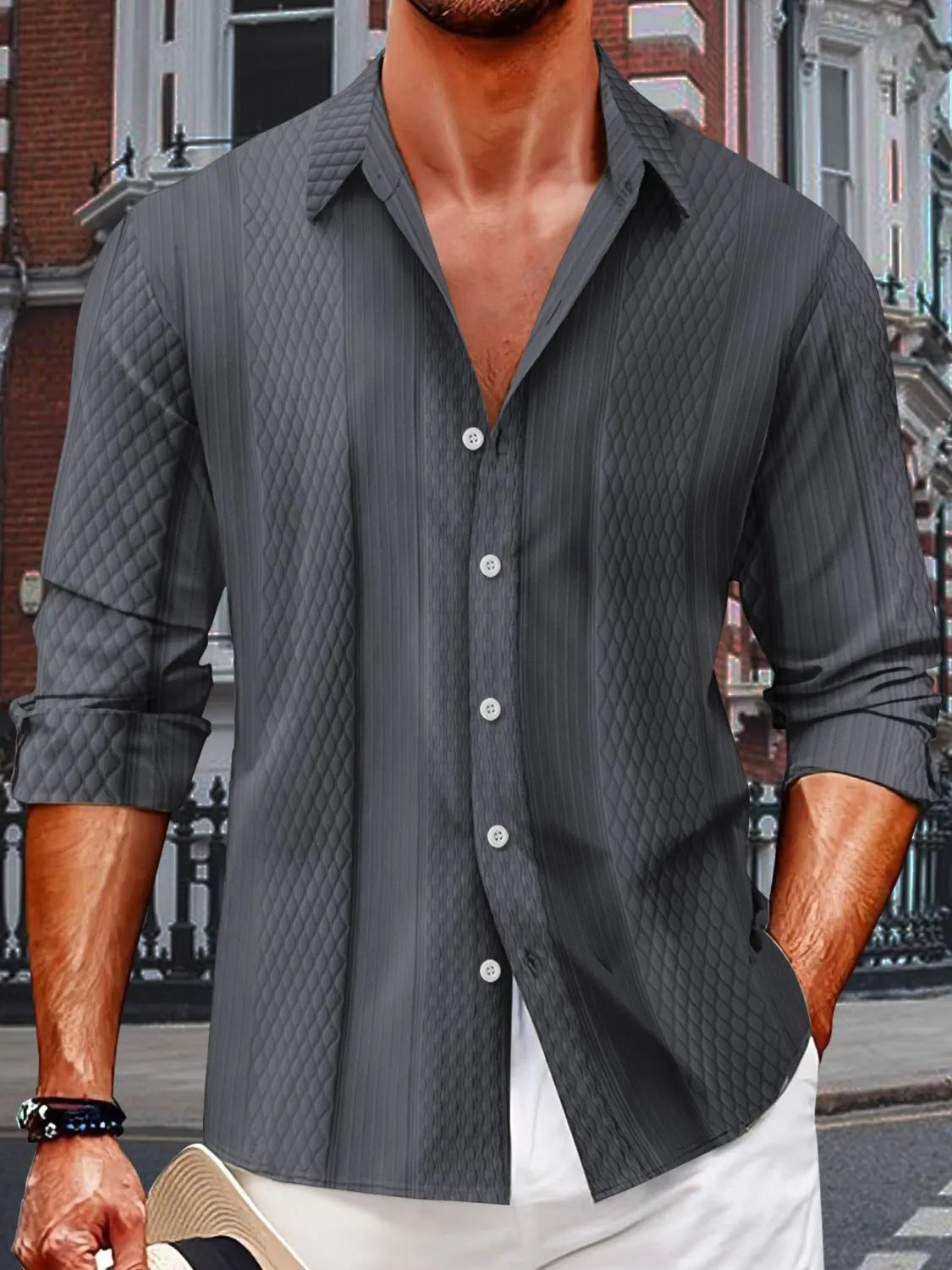 Dark Gray textured quilted panel shirt with a relaxed fit and button-down front.