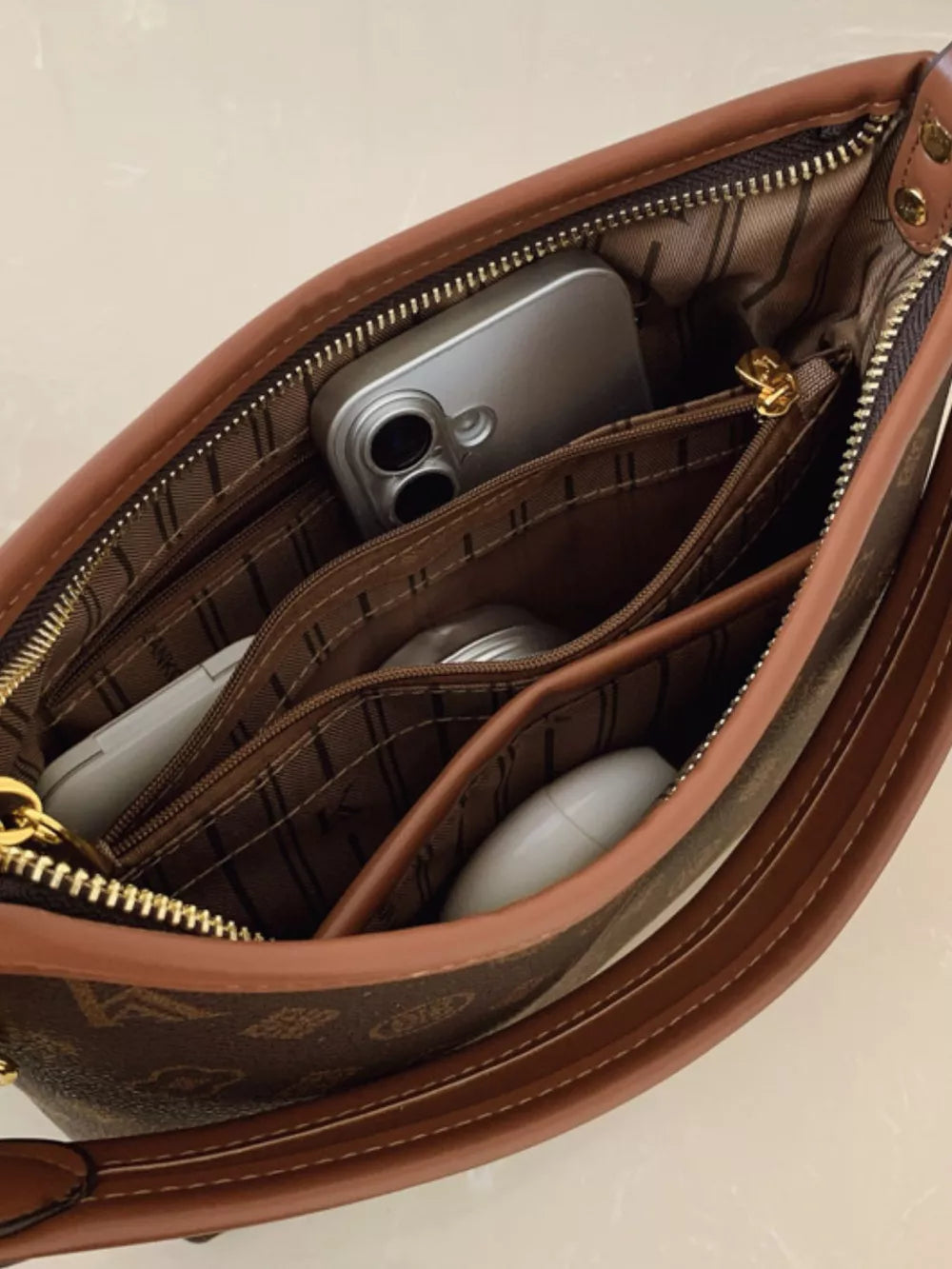 Monogram Pattern Shoulder Bag in Brown, model styling view