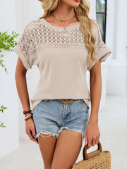 Apricot waffle knit t-shirt with eyelet detail on yoke and sleeves.