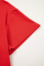 Red cotton mini dress with short sleeves and a crew neck.