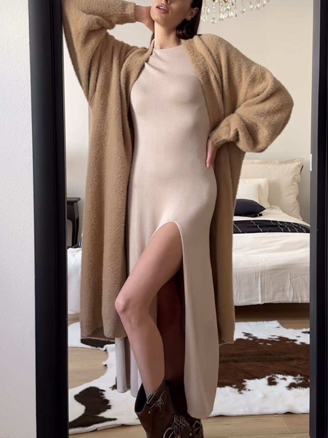 Tan plush maxi cardigan with balloon sleeves, open front, acrylic.