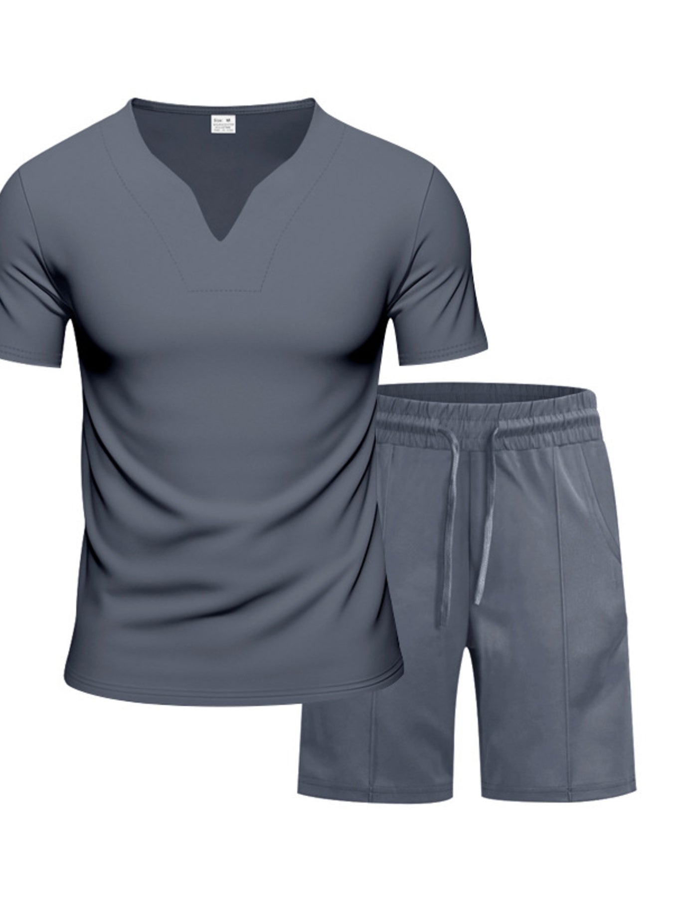 Dark Gray V-neck tee and drawstring shorts set for men, comfortable loungewear.