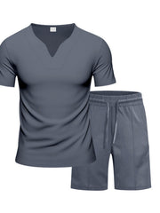 Dark Gray V-neck tee and drawstring shorts set for men, comfortable loungewear.