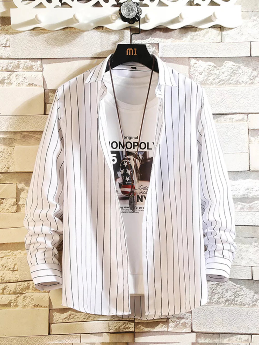 Men's Plus Size Striped Button Up Casual Shirt, alternate angle