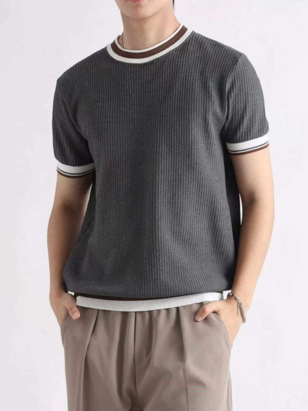 Men's textured ribbed crew neck t-shirt in silver gray with contrast trim on neckline, sleeves, and hem.
