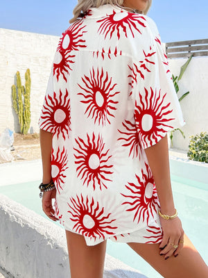 White resort shirt & shorts set with red sun print.