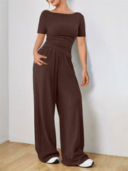 Chocolate boat neck jersey top and wide leg pants outfit set