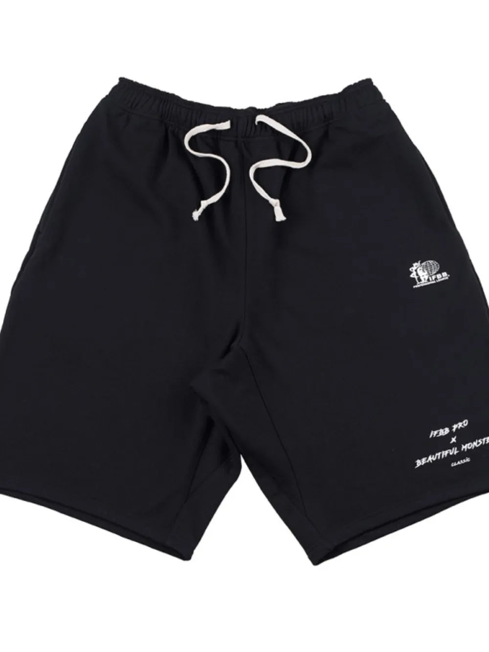 Black performance fleece jogger shorts with white drawstring and graphic details.