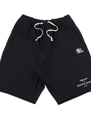 Black performance fleece jogger shorts with white drawstring and graphic details.