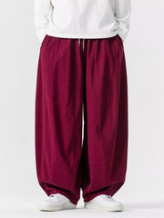 Burgundy relaxed fit drawstring sweatpants with baggy legs and pockets.