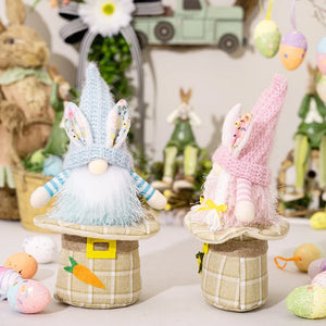 Easter gnomes with bunny ears in light blue and blush pink, plaid bases, and striped arms.