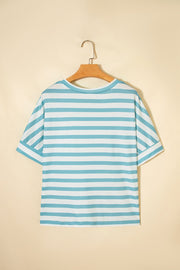 Teal and white striped t-shirt with short sleeves and a round neckline.