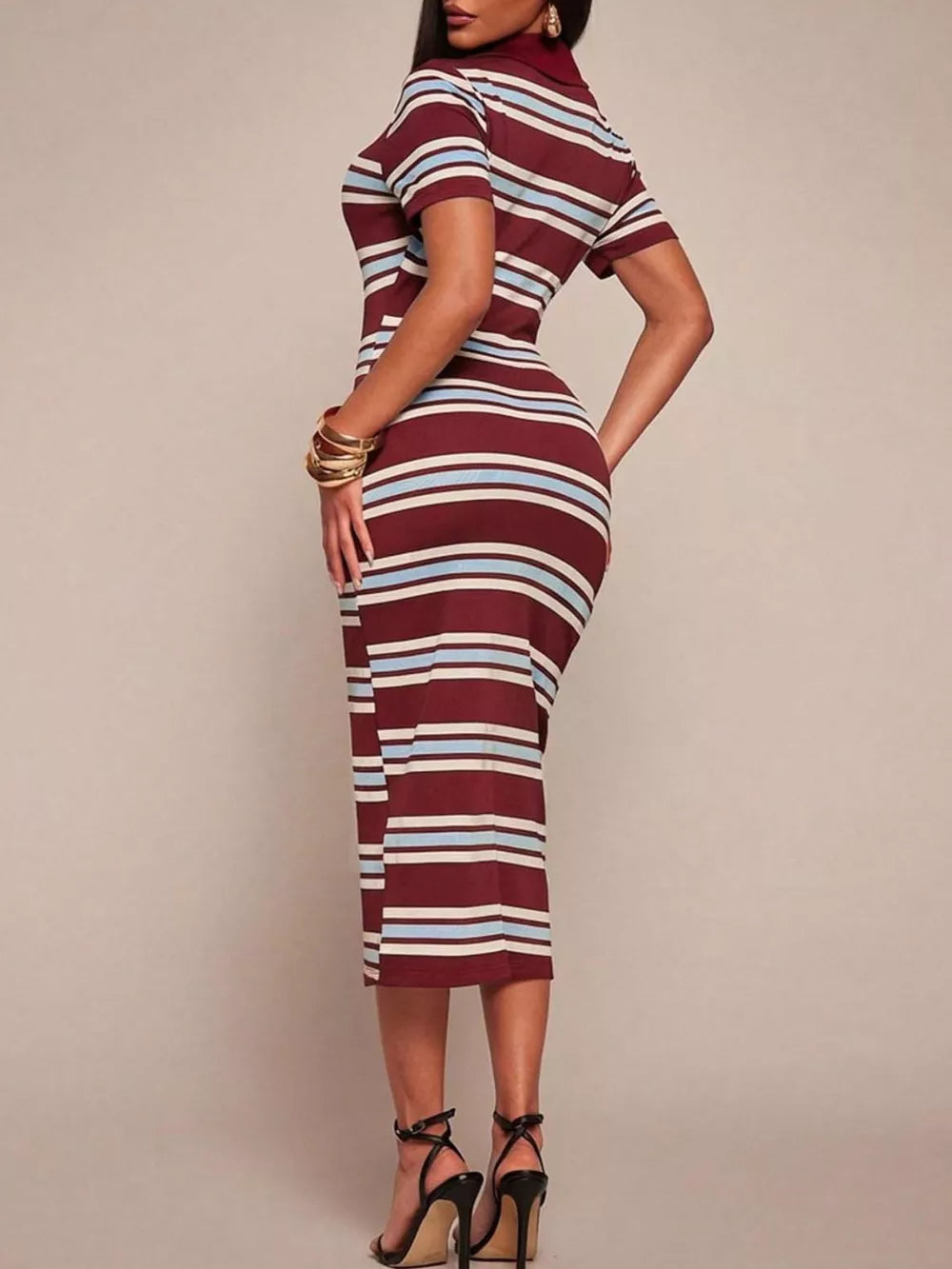 Chic striped polo midi dress in burgundy with white and light blue stripes, short sleeves, bodycon fit.