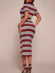 Chic striped polo midi dress in burgundy with white and light blue stripes, short sleeves, bodycon fit.