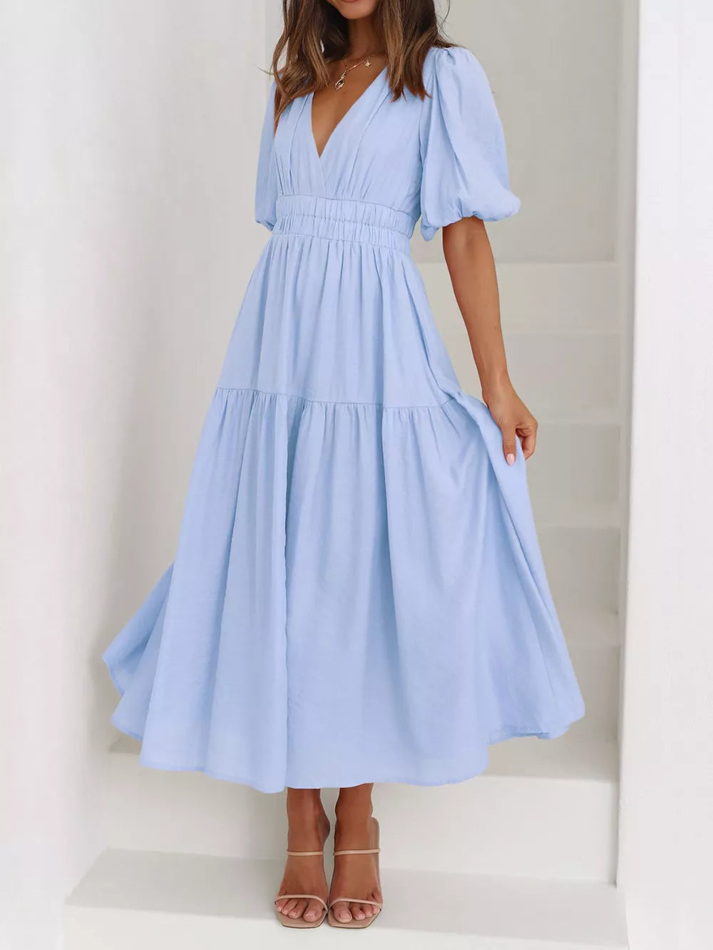 Elegant Puff Sleeve V-neck Midi Dress in Black, view 13