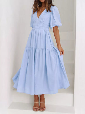 Elegant Puff Sleeve V-neck Midi Dress in Black, view 13