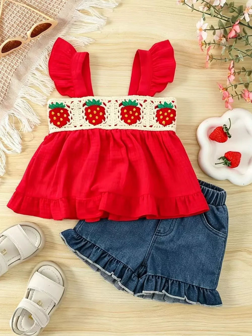 Children's Strawberry Crochet Trim Top & Denim Shorts Set in Red, side view