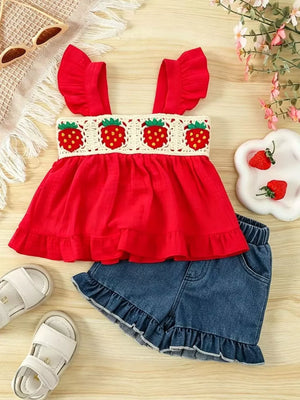 Children's Strawberry Crochet Trim Top & Denim Shorts Set in Red, side view