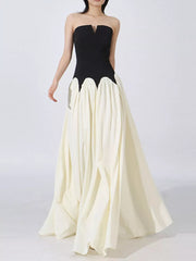 Elegant Two-tone Maxi Dress With Scalloped Waistline