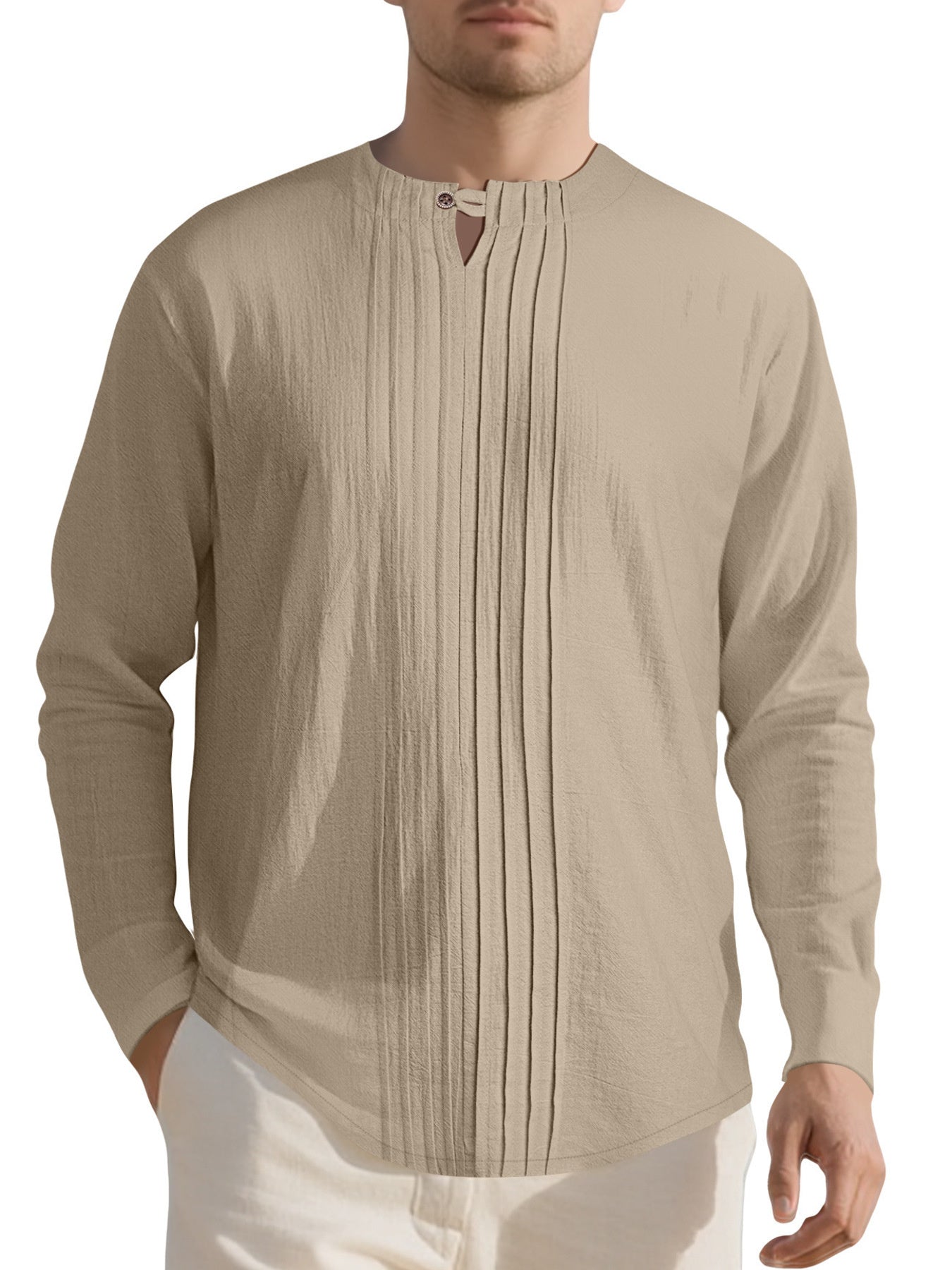 Men's Casual Pleated Long Sleeve Shirt Plus Size, model styling view