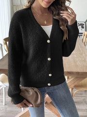 Black plush button-down cardigan with pearl details and V-neck.