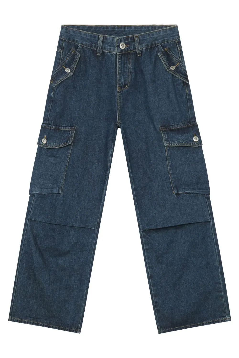 Denim palazzo cargo pants in dark blue with multiple pockets and a baggy fit.