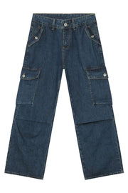 Denim palazzo cargo pants in dark blue with multiple pockets and a baggy fit.