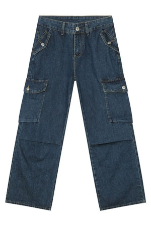 Denim palazzo cargo pants in dark blue with multiple pockets and a baggy fit.