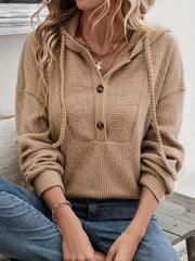 Khaki button-front drawstring hoodie with ribbed texture and a relaxed fit.