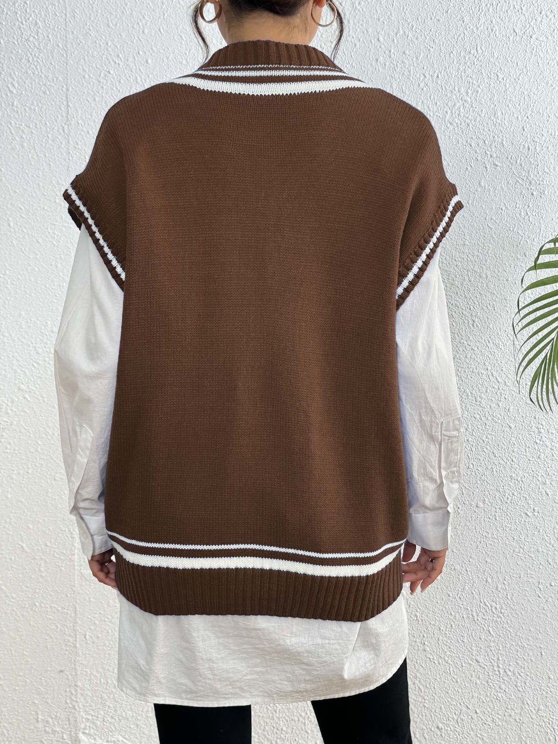 Brown acrylic knit vest with varsity stripes and pearl trim, V-neck, sleeveless