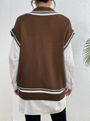 Brown acrylic knit vest with varsity stripes and pearl trim, V-neck, sleeveless