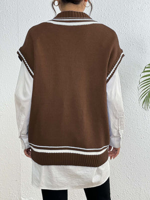 Brown acrylic knit vest with varsity stripes and pearl trim, V-neck, sleeveless