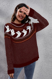 Wine crewneck sweater with jacquard ghost pattern and textured knit.