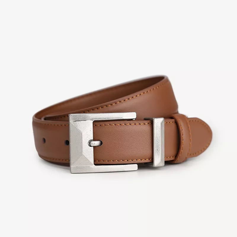 Brown cowhide leather belt with geometric silver buckle