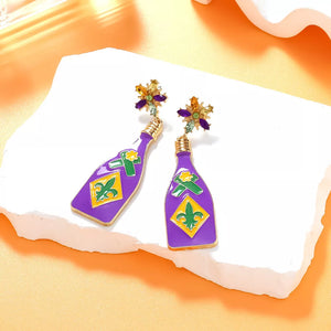 Mardi Gras purple bottle dangle earrings with fleur de lis and gold accents