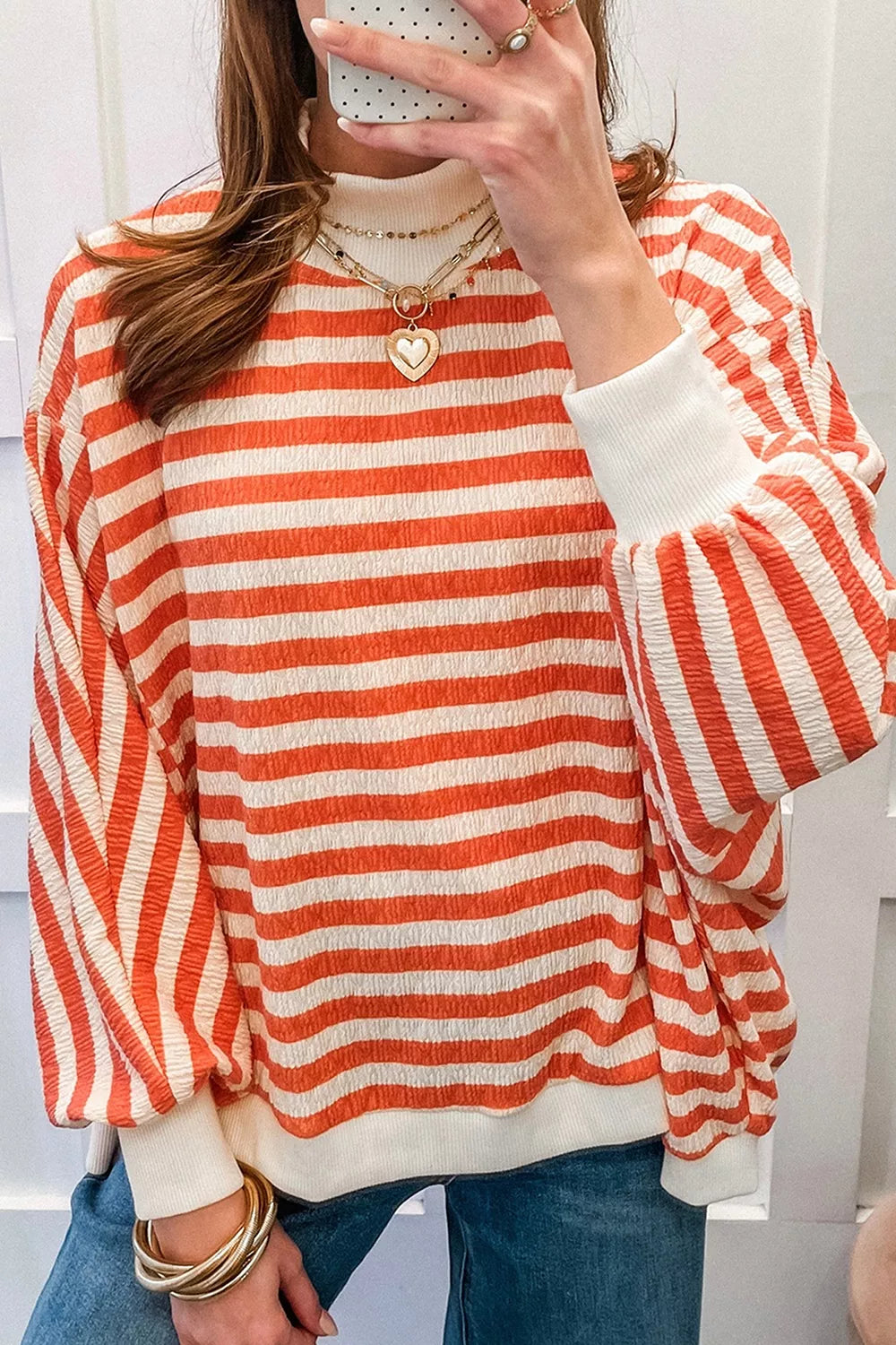 Striped Textured Stand Neck Oversized Shirt, close-up detail