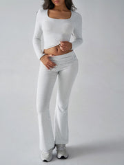 Light gray loungewear set with square neck long sleeve crop top and flared pants