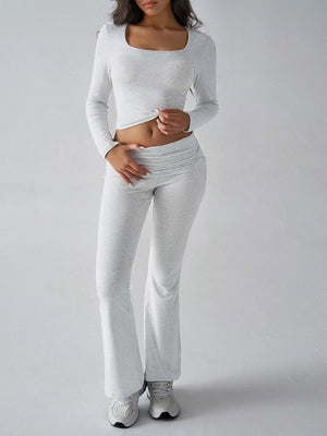 Light gray loungewear set with square neck long sleeve crop top and flared pants