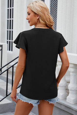 Black V-neck flutter sleeve blouse with a relaxed fit.