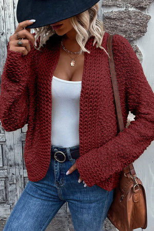 Burgundy bouclé open-front jacket with textured acrylic knit and open neckline.