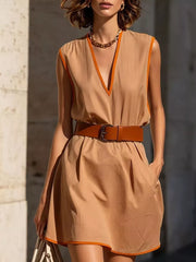 Vibrant Contrast Trim V-neck Dress