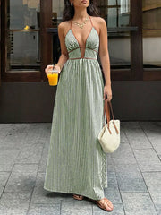 Striped halter neck maxi gown in green and white with plunging neckline and brown trim.