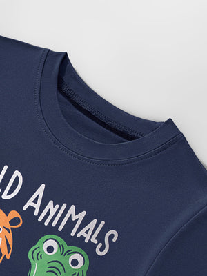 Navy t-shirt with "Wild Animals" graphic and cartoon tiger and frog.