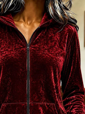 Velvet Zip-up Hoodie in Burgundy, alternate angle