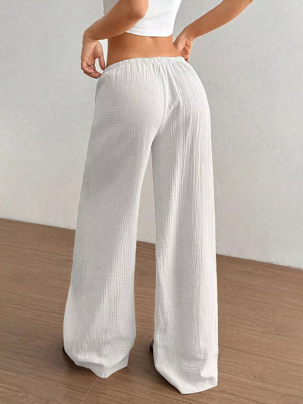 Wide-leg Drawstring Cotton Pants, fabric detail