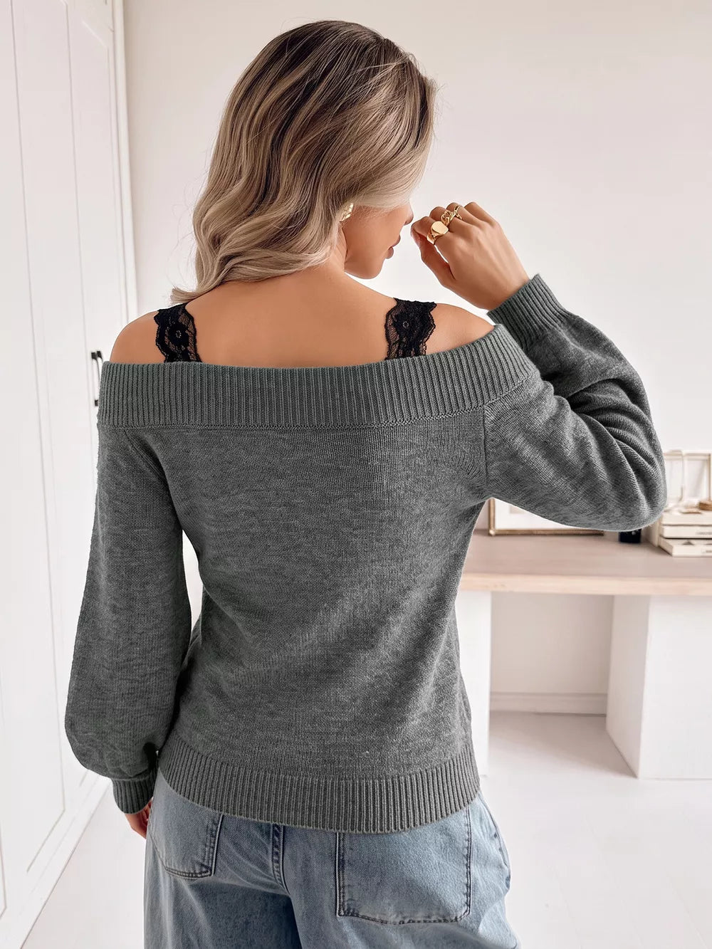 Off-shoulder Lace Trim Sweater in Dark Gray, back view