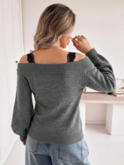 Off-shoulder Lace Trim Sweater in Dark Gray, back view